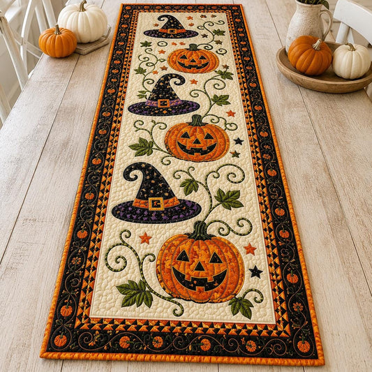 Halloween Pumpkin Witch Hat Quilted Table Runner
