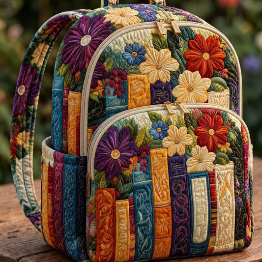 Vintage Book & Colorful Daisy Quilted Backpack