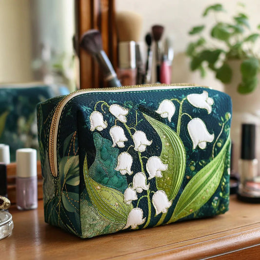Lily of the Valley Dark Green Quilted Makeup Bag