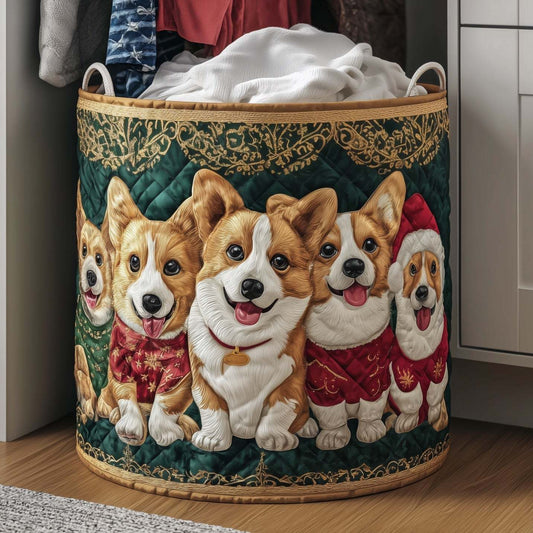 Christmas Corgi Green Quilted Laundry Basket