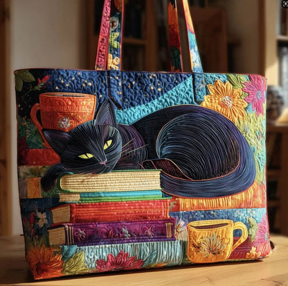 Books and Cat Handmade Tote Bag