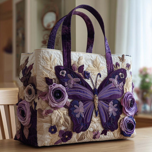 Purple Butterfly Rose Handmade Tote Bag