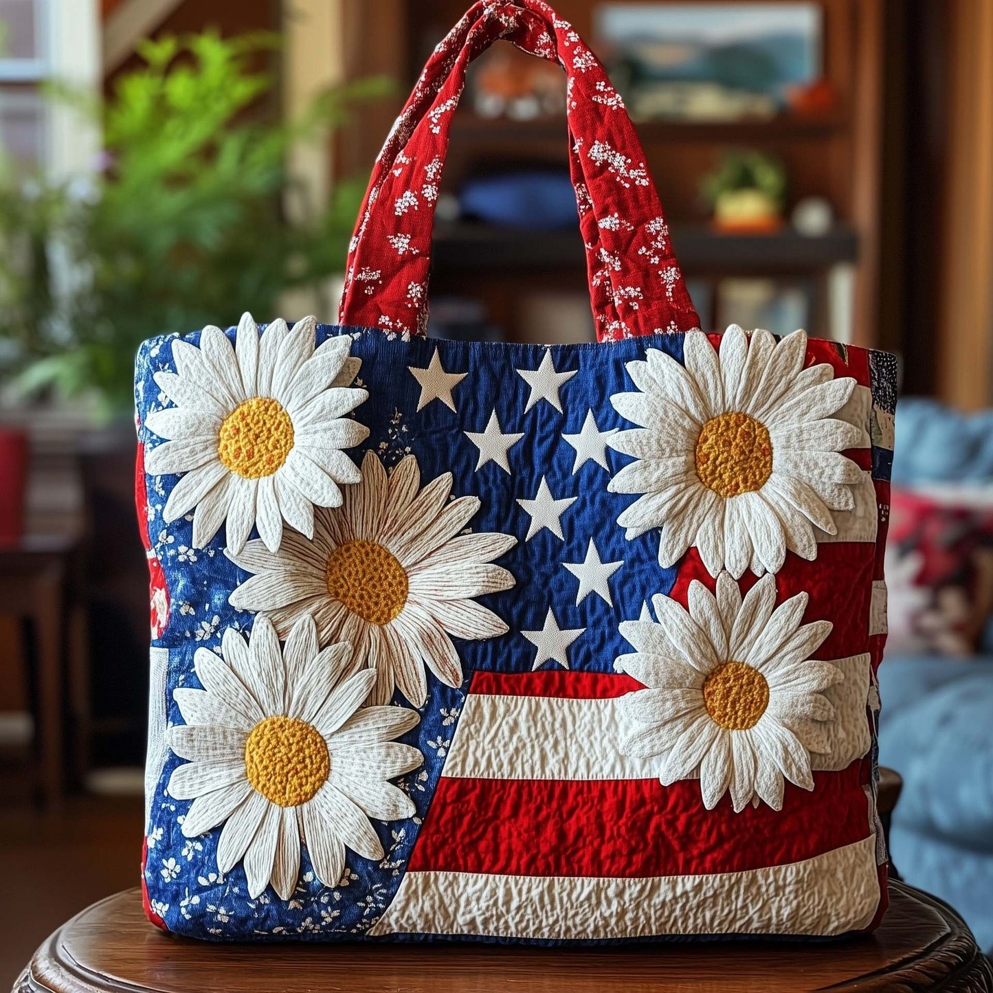USA Star Stripe White Daisy Handmade Tote Bag