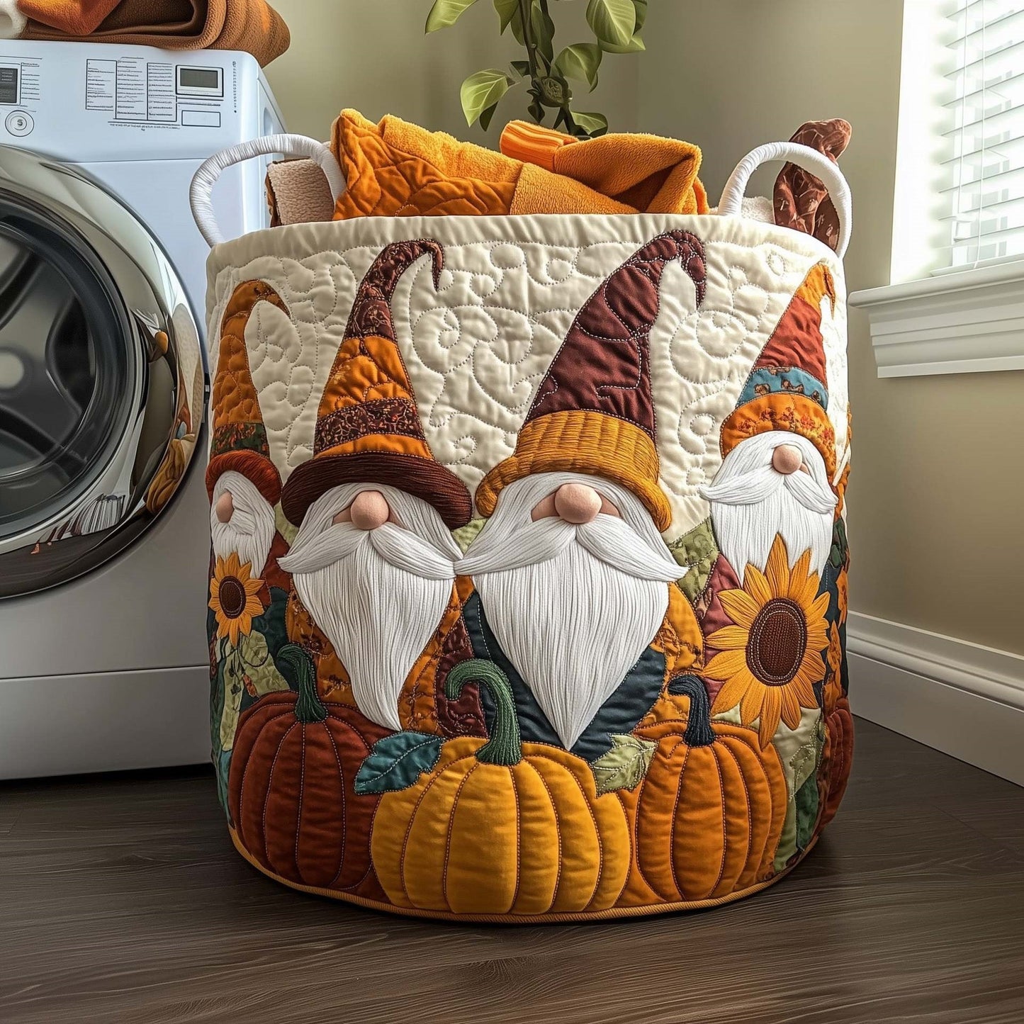 Autumn Gnomes Pumpkin Quilted Laundry Basket