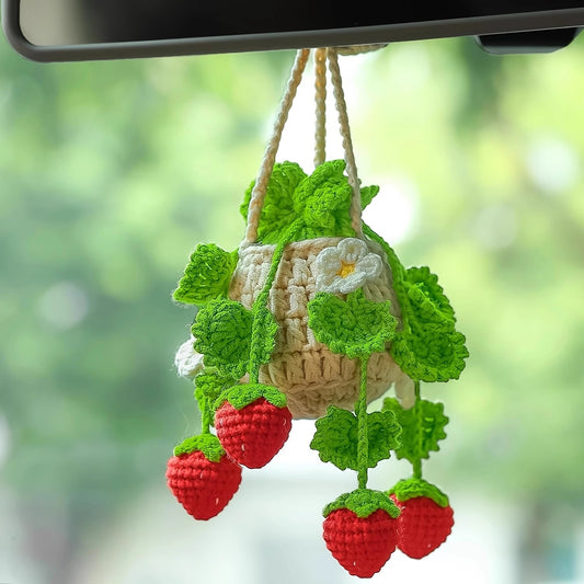 Crochet Strawberry Hanging Plant for Car Air Freshener