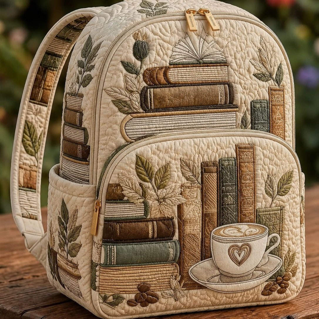 Vintage Book & Coffee Quilted Backpack