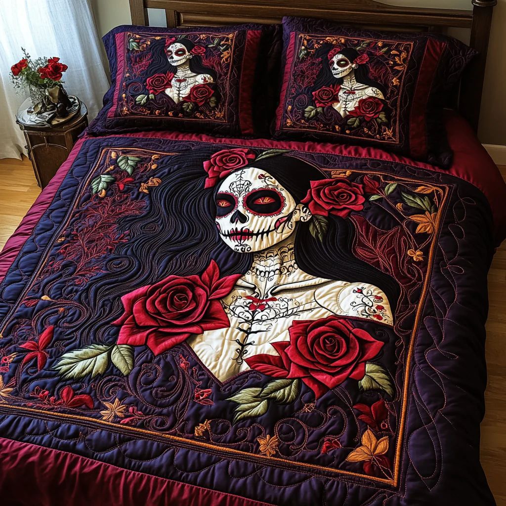 Sugar Skull Lady & Red Rose Quilted Bedding Set