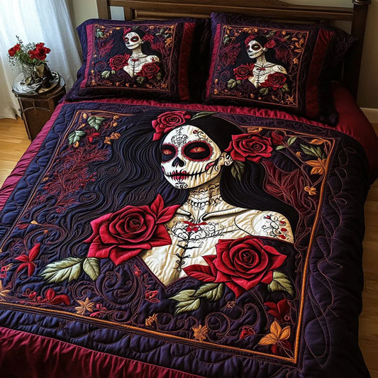 Sugar Skull Lady & Red Rose Quilted Bedding Set