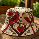 Cardinal Bird Red Rose Heart Quilted Bucket Hat