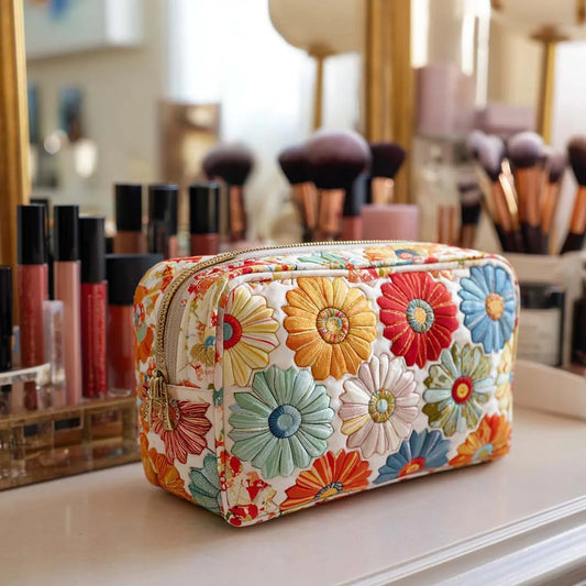 Colorful Daisy Floral Quilted Makeup Bag
