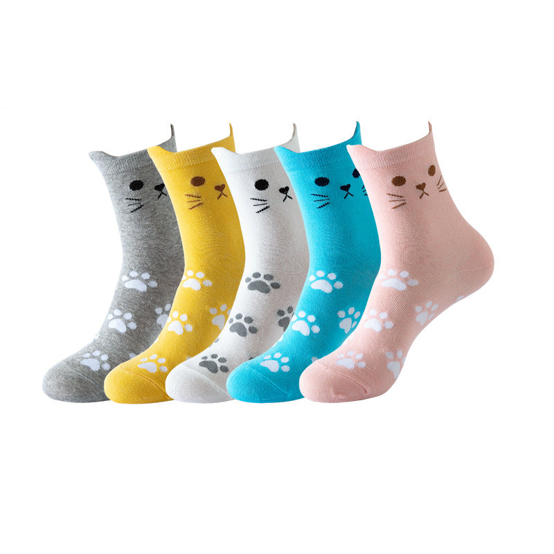 Cute Cat Ear Paw Animal Face Socks 5 Pairs