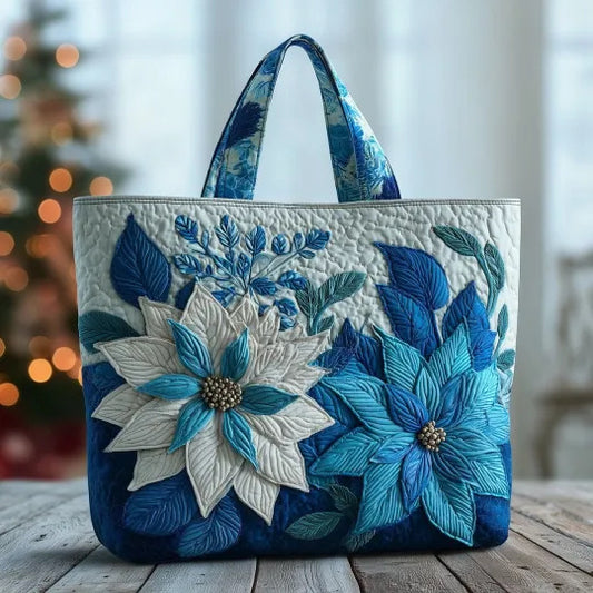 Blue Poinsettia Floral Handmade Tote Bag