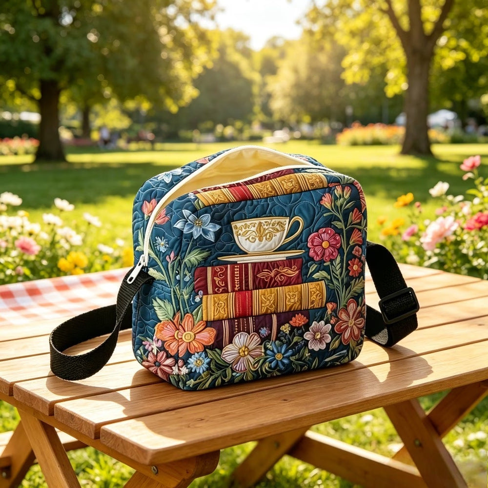 Floral Book & Teacup Quilted Crossbody Bag