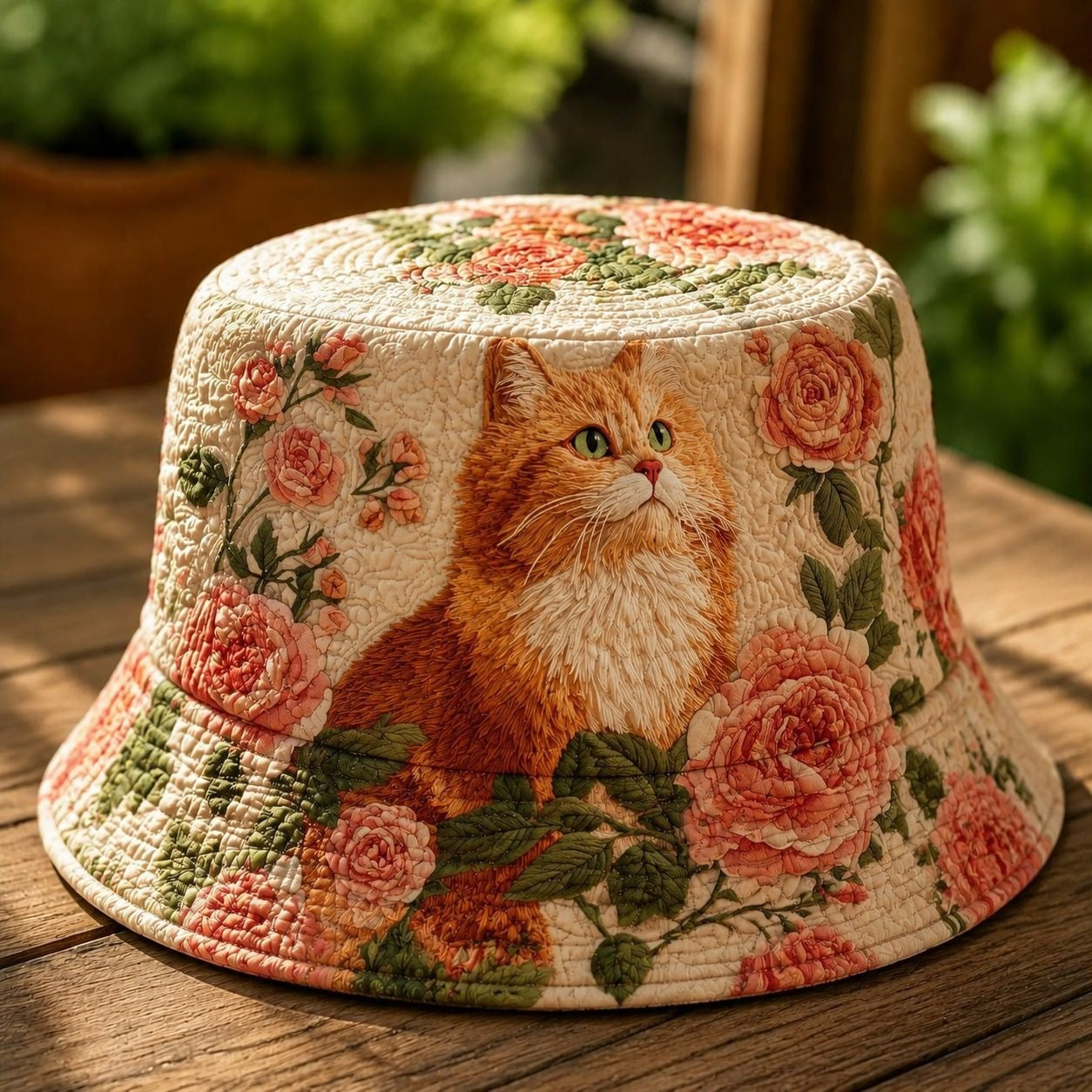 Floral Rose Ginger Cat Quilted Bucket Hat