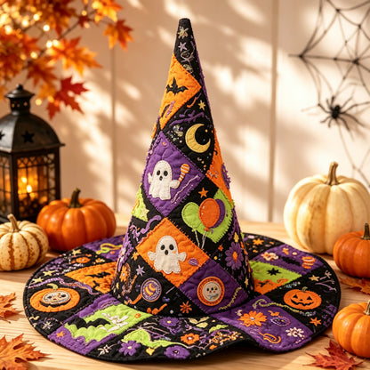 Cute Ghost Pumpkin Halloween Patchwork Handcrafted Quilted Witch Hat