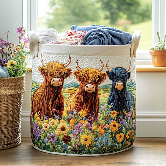 Highland Cow Wildflower Quilted Laundry Basket
