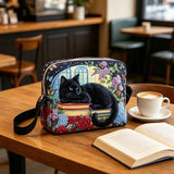 Cozy Black Cat Reading Book Quilted Crossbody Bag
