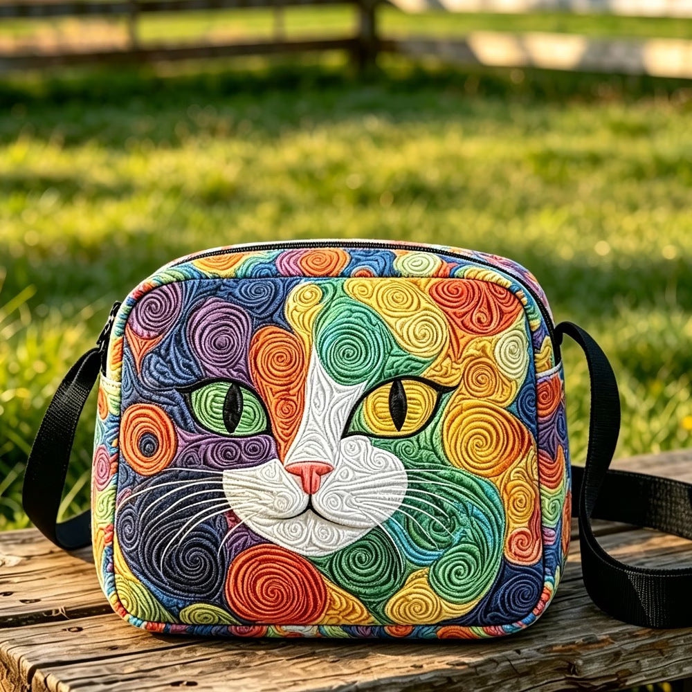 Vibrant Swirl Colorful Cat Face Quilted Crossbody Bag