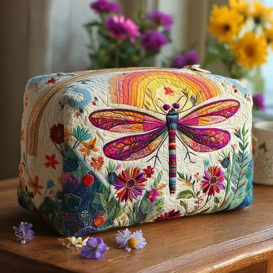 Rainbow Dragonfly Wildflower Quilted Makeup Bag