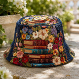 Dark Blue Book Garden Floral Quilted Bucket Hat