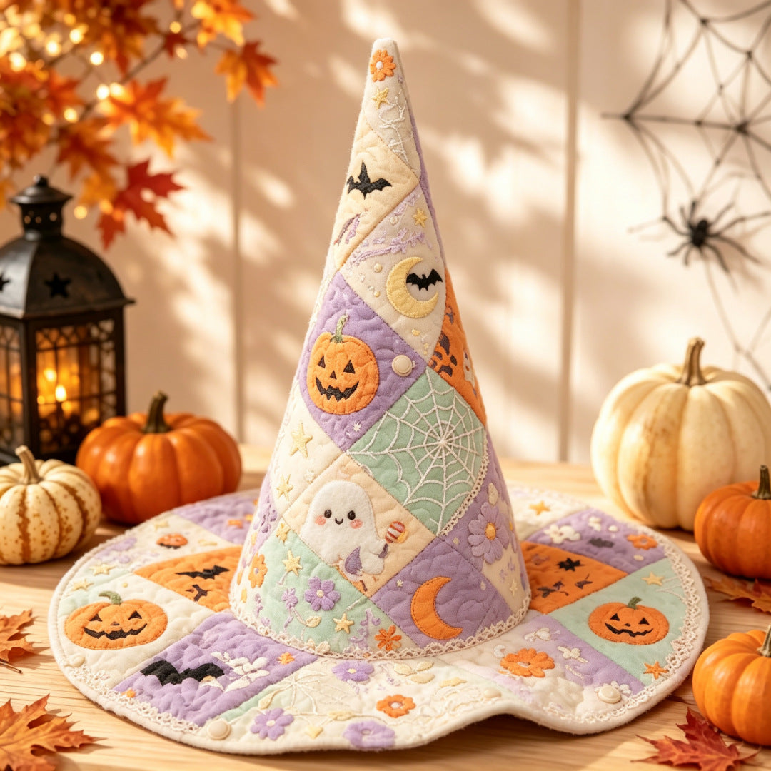 Pastel Ghost Pumpkin Patchwork Handcrafted Quilted Witch Hat