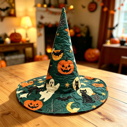 Green Pumpkin Black Cat Patchwork Handcrafted Quilted Witch Hat