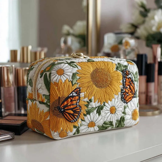 Sunflower Monarch Butterfly Quilted Makeup Bag
