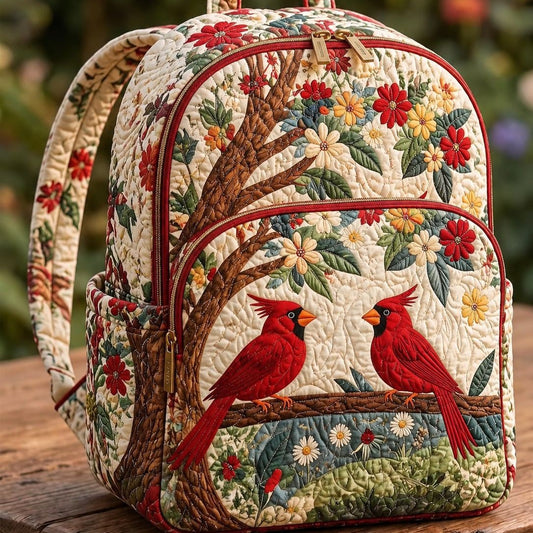 Pair of Cardinals Floral Quilted Backpack