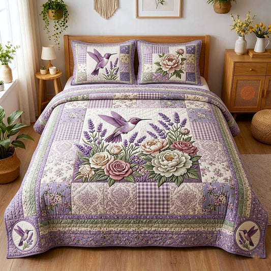Hummingbird and Lavender Patchwork Quilted Bedding Set