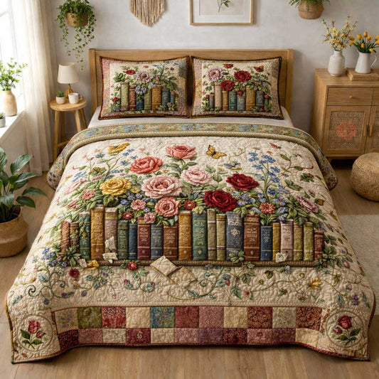 Vintage Books and Flowers Quilted Bedding Set