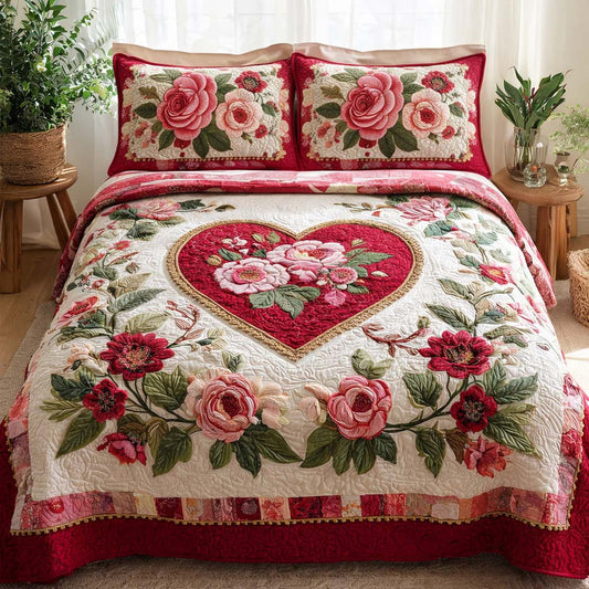 Vintage Rose Heart Quilted Bedding Set