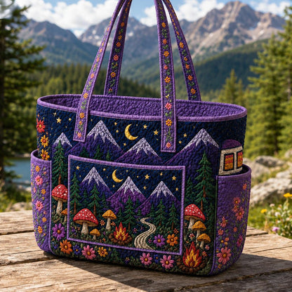 Mushroom and Forest Multiple Pockets Quilted Tote Bag