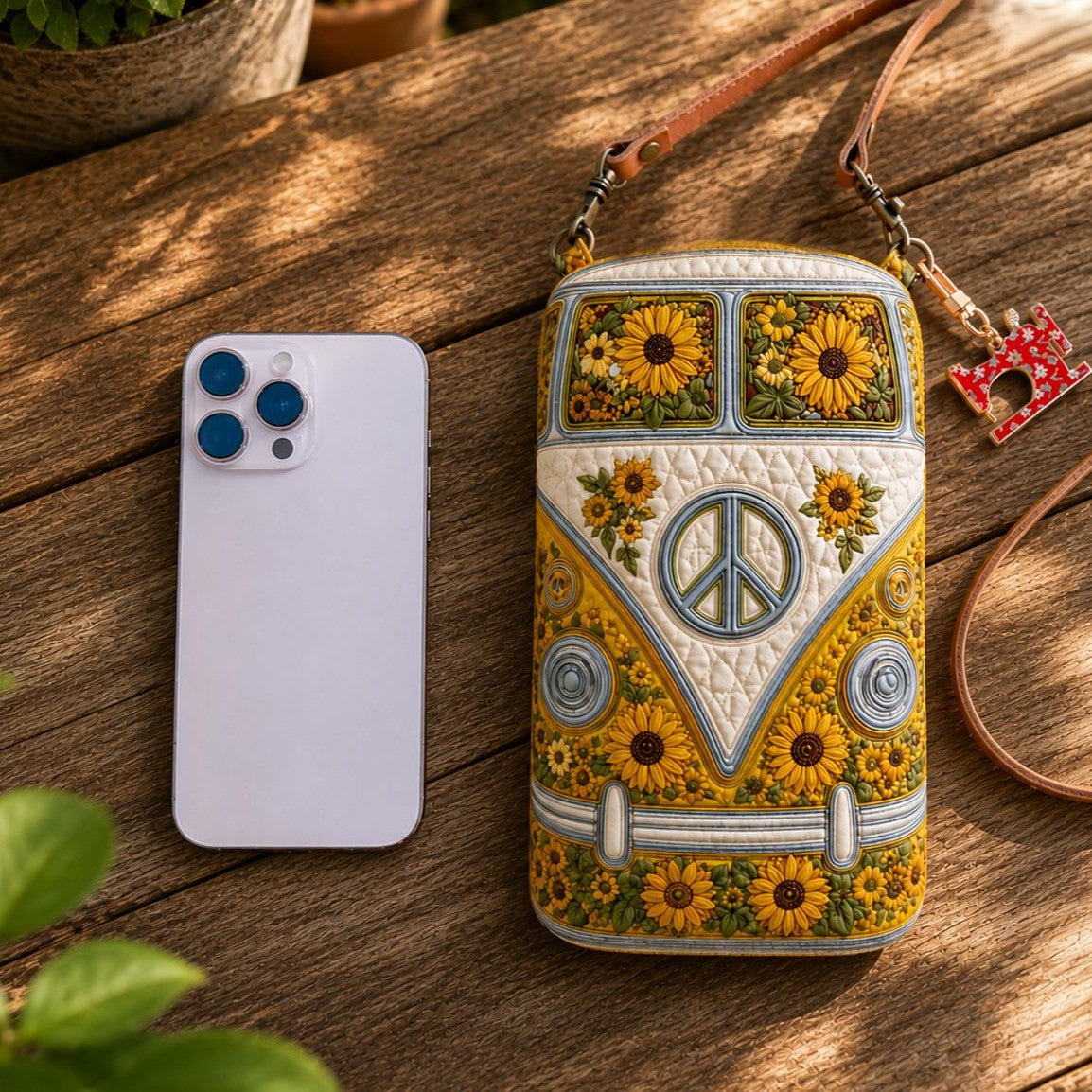 Sunflower VW Bus Quilted Slim Phone Crossbody Bag