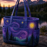 Starry Night Mountain Multiple Pockets Quilted Tote Bag