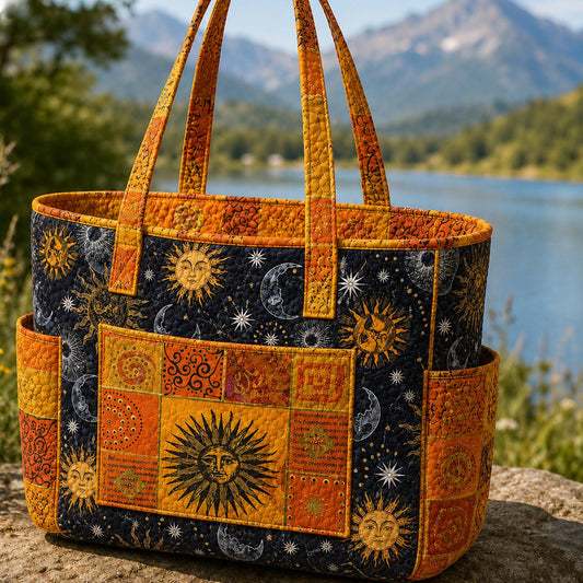 Boho Sun & Moon Multiple Pockets Quilted Tote Bag