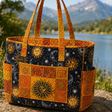 Boho Sun & Moon Multiple Pockets Quilted Tote Bag