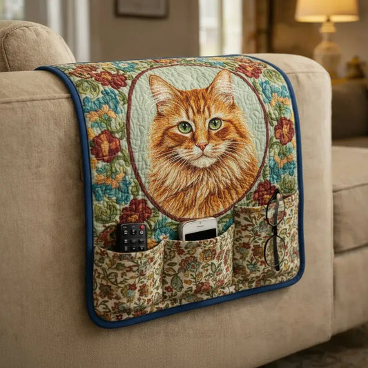 Vintage Floral Cat Quilted Sofa Armrest Organizer