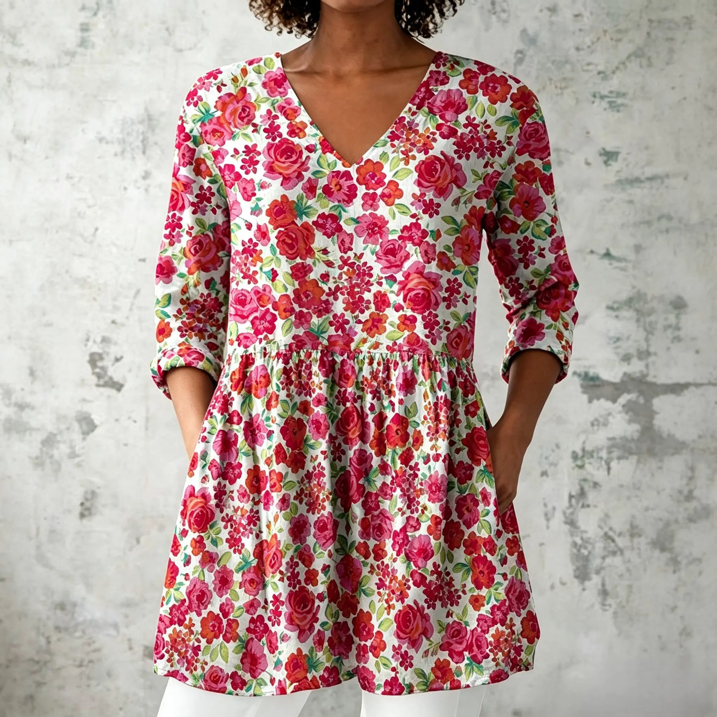 Flower Printing Long Blouse Eith A Striking Pattern