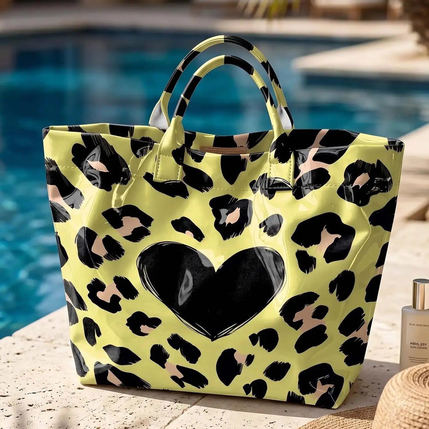 Green Leopard Print And Hearts PVC Tote Bag