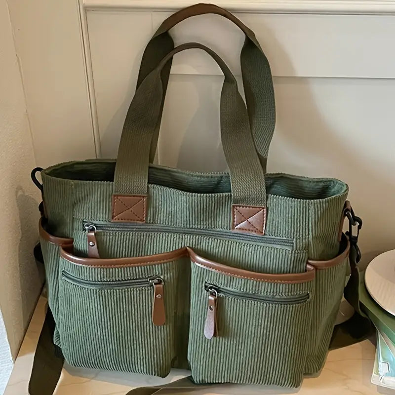 Corduroy Multi-Pocket Convertible Tote Bag