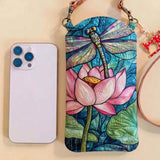Stained Glass Lotus Dragonfly Quilted Slim Phone Crossbody Bag