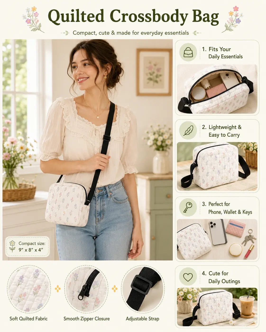 Boho Sun and Rainbow Quilted Crossbody Bag
