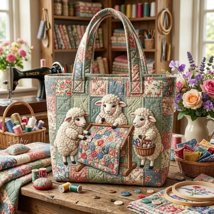 Sheep Quilting Circle Handmade Tote Bag