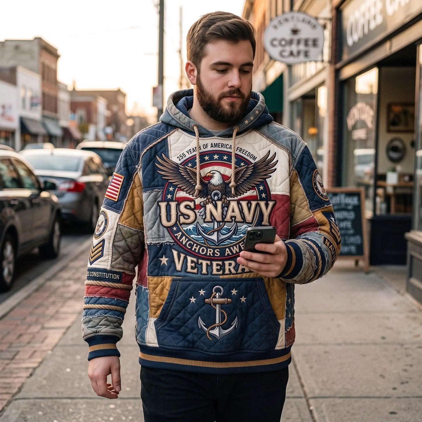 Navy Veteran Quilted Casual Hoodie