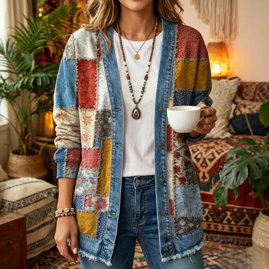 Retro Patchwork Print 3D Digital Printing Denim Shirt
