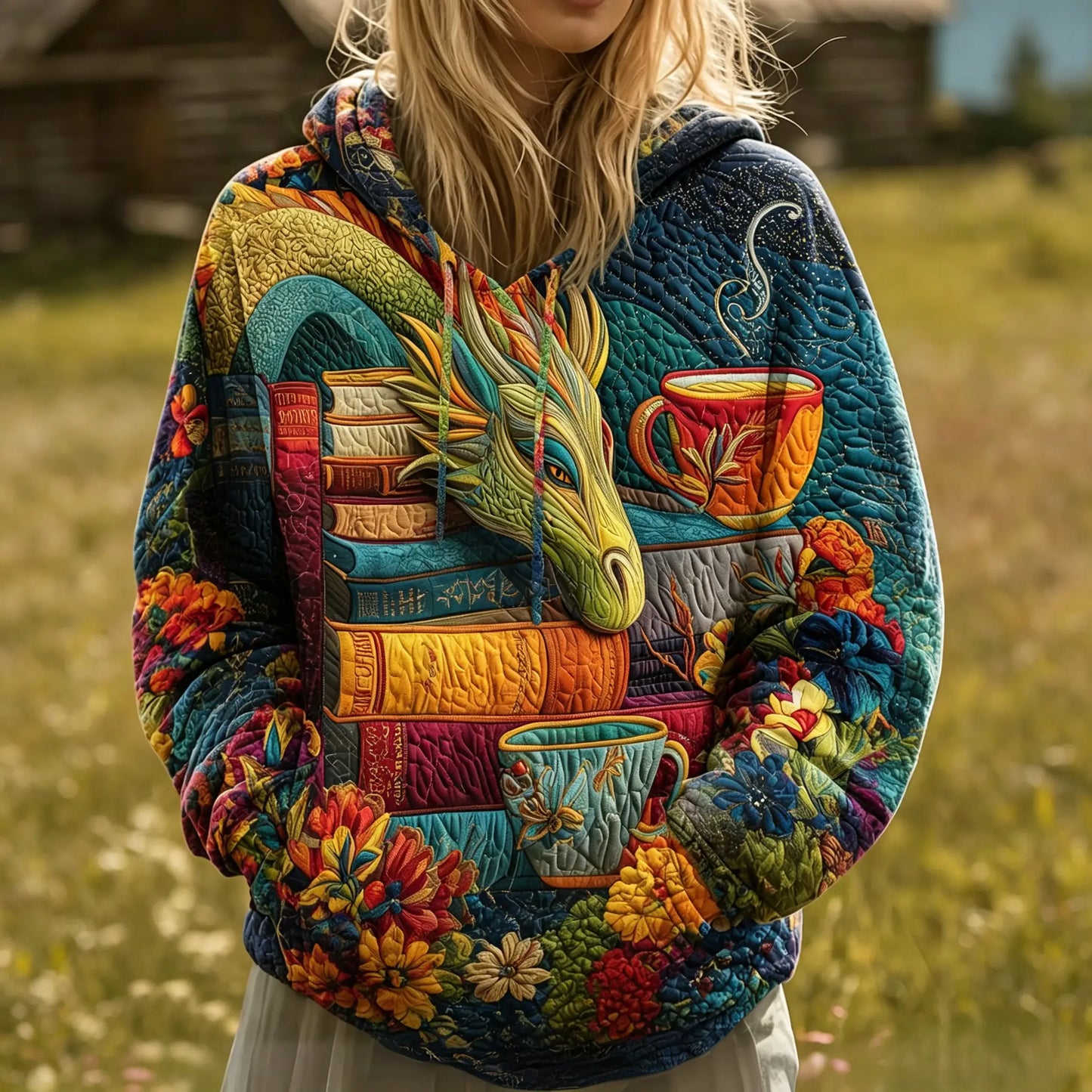 Dragon & Book Quilted Casual Hoodie