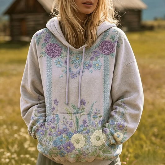 Purple Floral Quilted Casual Regular Fit Long Sleeve Hoodie Sweatshirt