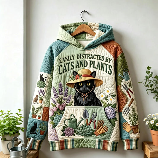 Distracted By Cats And Plants Quilted Casual Regular Fit Long Sleeve Hoodie Sweatshirt