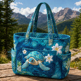 Sea Turtle & Plumeria Multiple Pockets Quilted Tote Bag