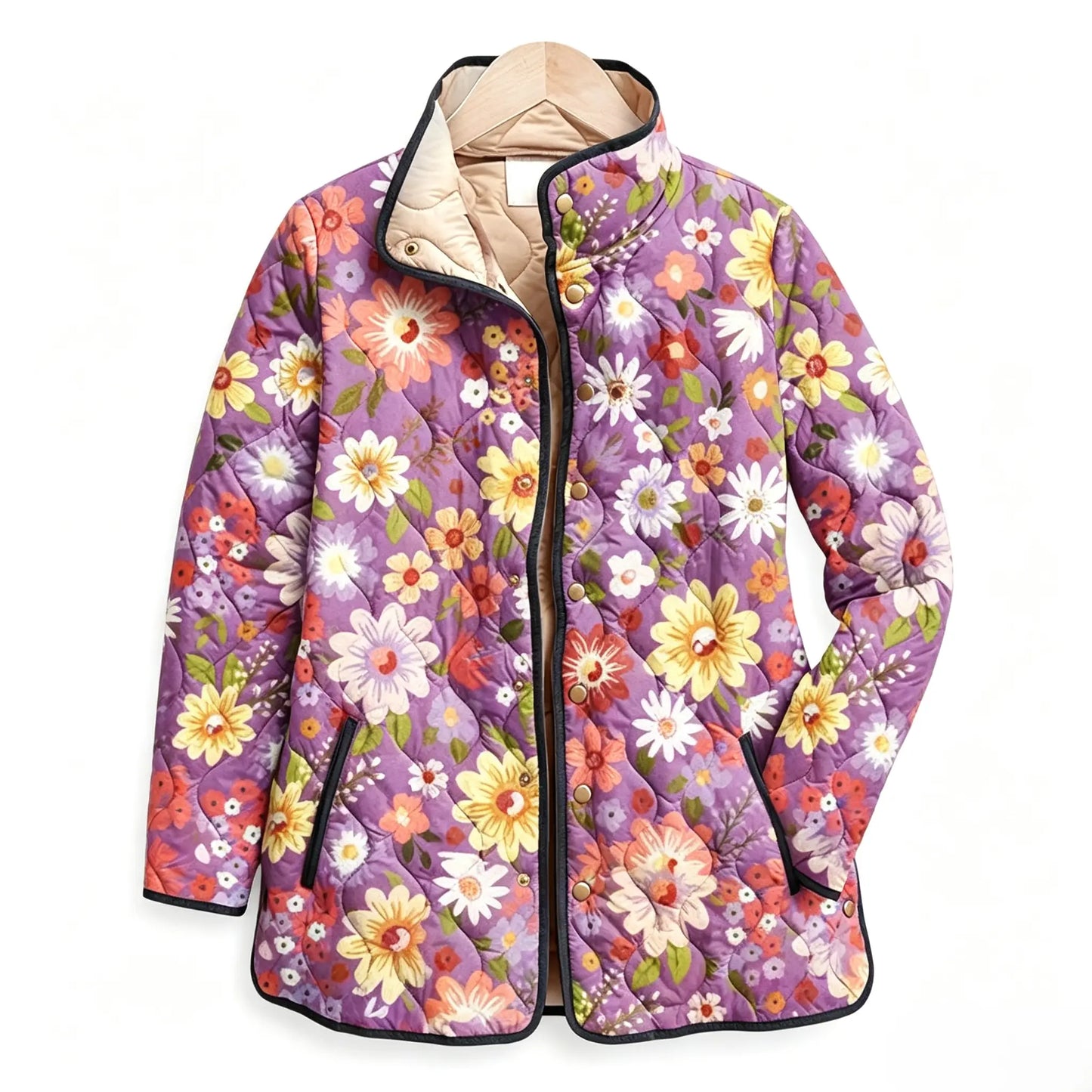 Purple Multicolor Daisy Floral Quilted Jacket